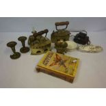 Quantity of Brass Ware and Sundries, to include a Victorian chamber stick, two brass charcoal irons,
