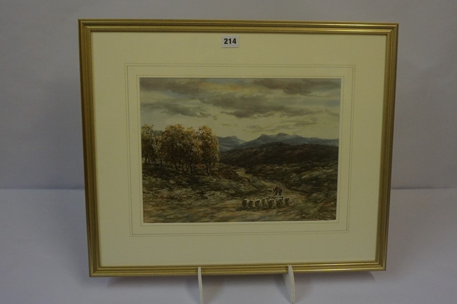 John Hamilton Glass SSA (Scottish 1820-1885) "Shepherd with Sheep" Watercolour, signed with - Image 2 of 3