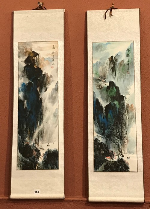 Two Chinese Scroll Watercolours, signed, also with a Chinese picture on rice paper, signed, (3)