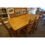 Antique Pine Farmhouse Table, also with a set of six pine ladder back chairs, (7)