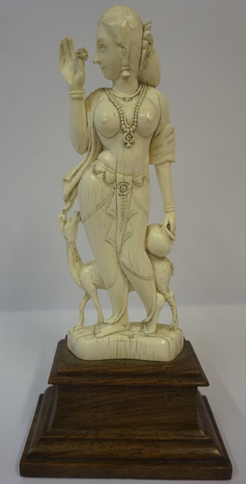 Indian Carved Ivory Figure Group, Pre 1947, Modelled as the goddess Parvati with lamb, raised on a - Image 2 of 3