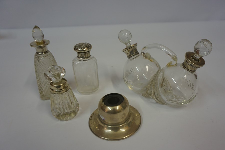 Mixed Lot of Silver Mounted Toilet and Cruet Bottles, to include a glass cruet bottle, also with a