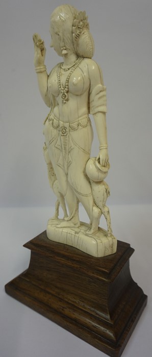 Indian Carved Ivory Figure Group, Pre 1947, Modelled as the goddess Parvati with lamb, raised on a - Image 3 of 3