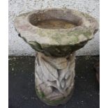 Stone Garden Bird Bath, Decorated with applied panels of leaves,