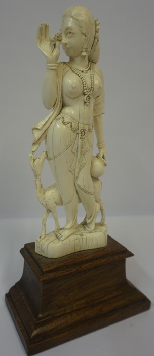 Indian Carved Ivory Figure Group, Pre 1947, Modelled as the goddess Parvati with lamb, raised on a