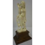 Indian Carved Ivory Figure Group, Pre 1947, Modelled as the goddess Parvati with lamb, raised on a