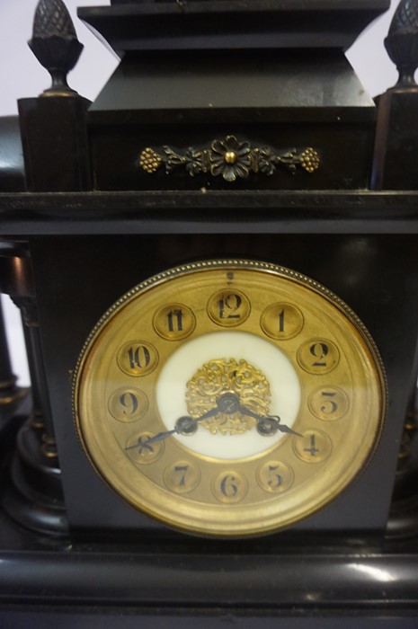 Victorian Black Slate Clock Garniture, Comprising of a large clock with pair of Corinthian - Image 3 of 8