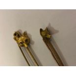 9ct Gold Fox Head Stick Pin, also with a yellow metal fox head stick pin, (2)
