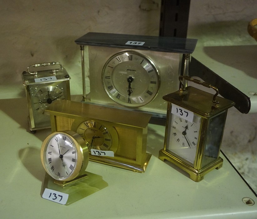 Mixed Lot of Clocks, to include a French 8 day carriage clock, Swiss made 8 day mantel clock, desk