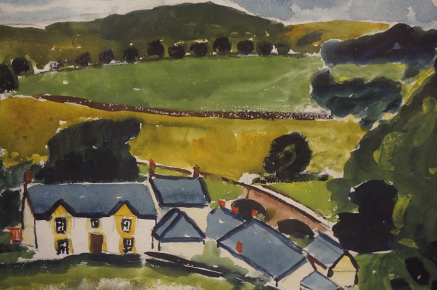 John McNairn (Scottish 1910-2009) "Cottages with Landscape to Background" Watercolour