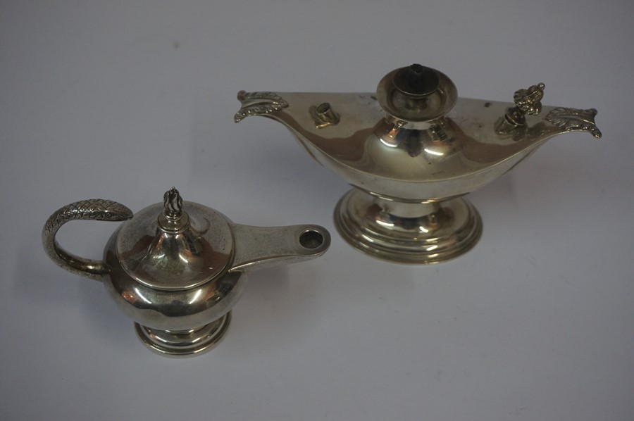 Silver Table Lighter, in the form of a Roman lamp, 5.29 oz, also with a small silver cruisie lamp,