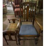 Jacobean Revival Oak Elbow Chair, also with an Edwardian inlaid piano stool, (2)