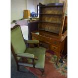 Mahogany Armchair, Upholstered in green velour, also with an open bookcase and a kneehole desk, (3)