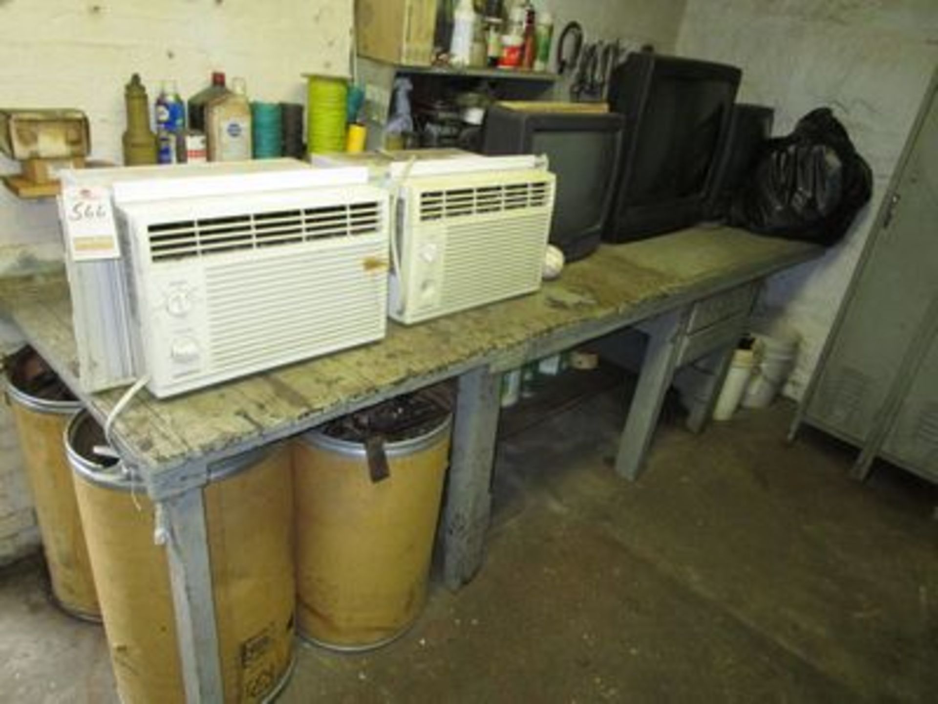 LOT OF ASS'T AIR CONDITIONERS, TV'S, & MET. W/ 9' WOOD WORKTABLE