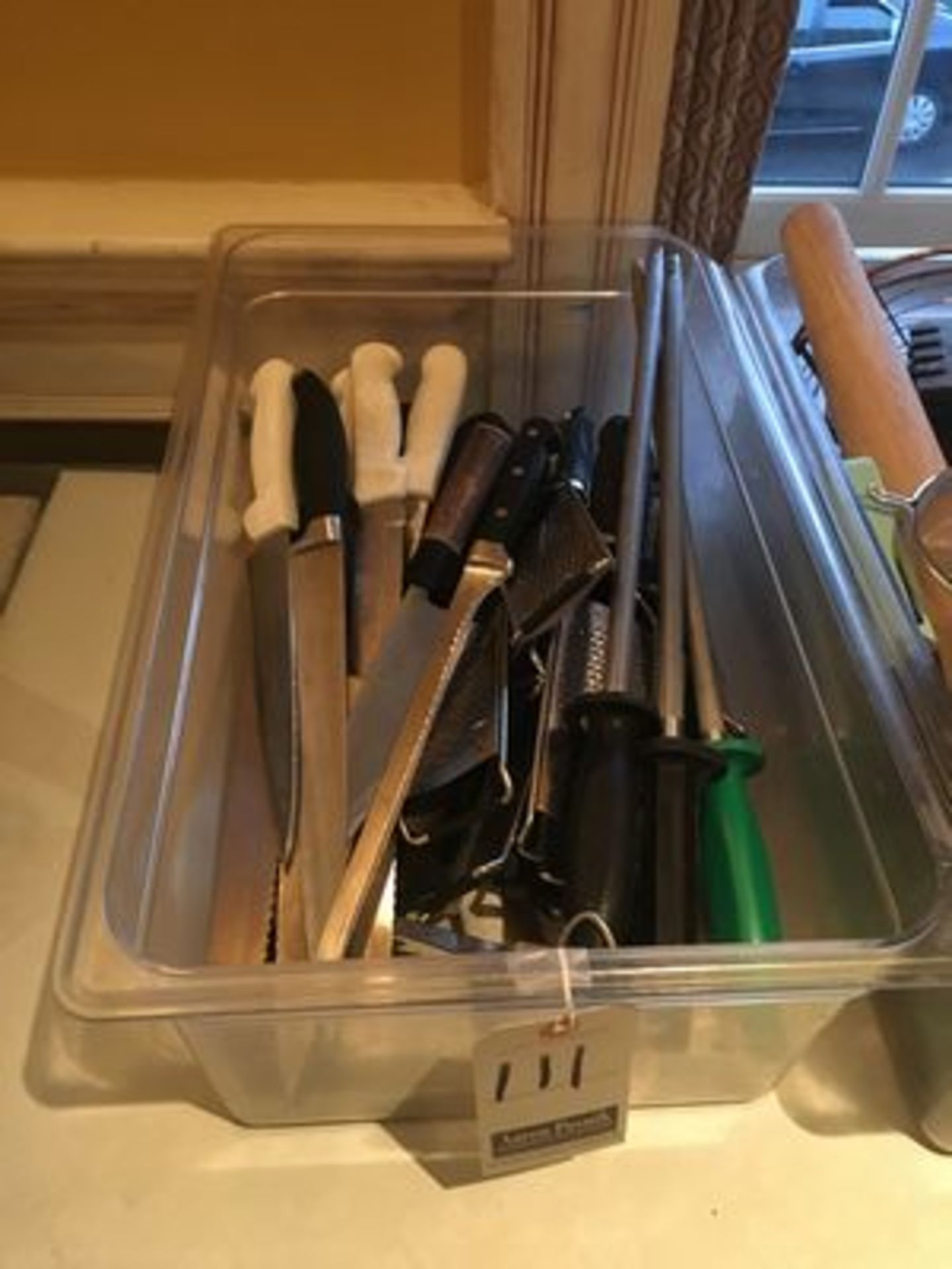 LOT OF ASS'T S.S. KNIVES, CHEESE GRATERS & KNIFE SHARPENERS W/ CAMBRO POLY. INSERT