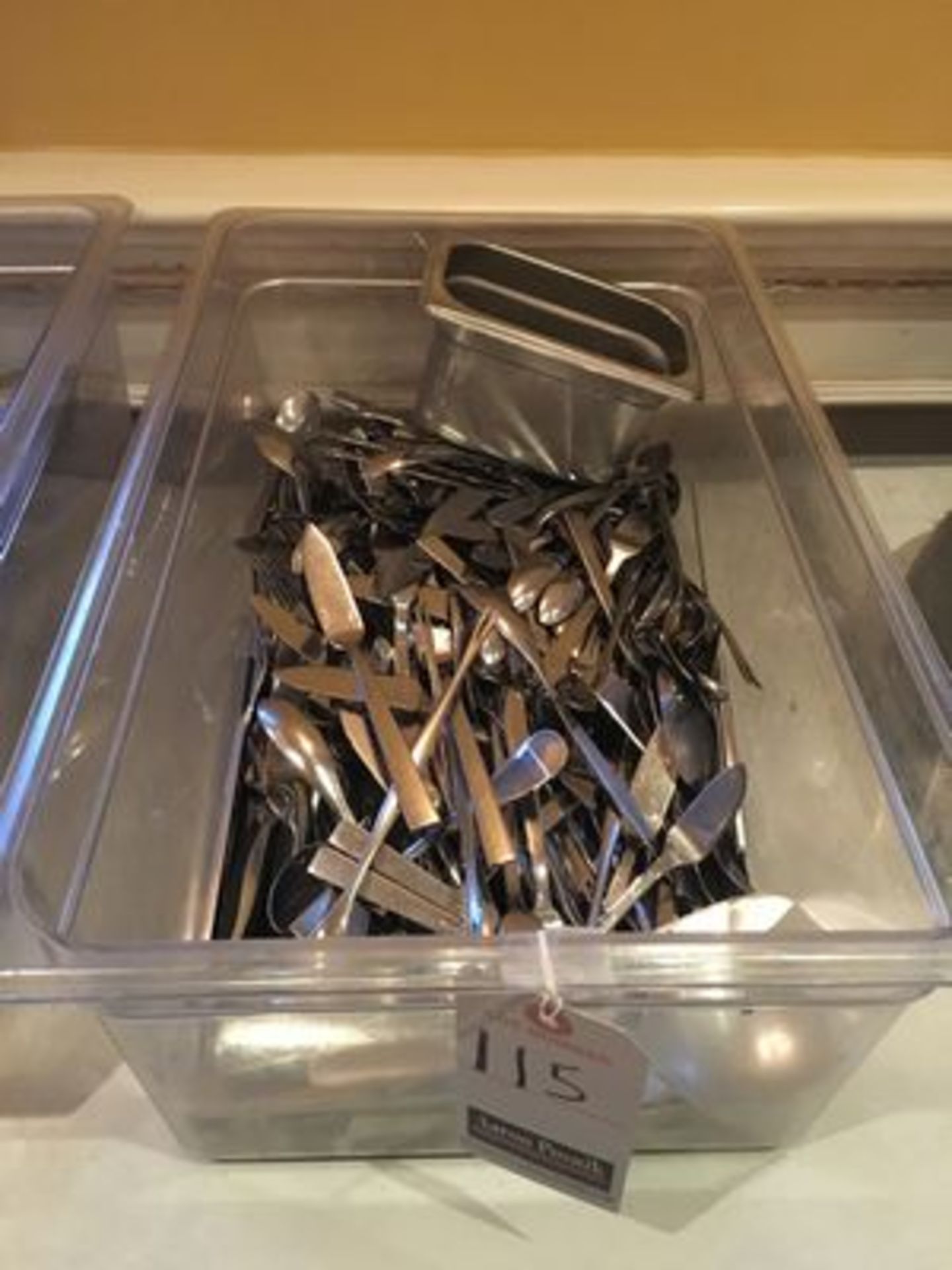 LOT OF ASS'T S.S. KNIVES, FORKS & SPOONS W/ CAMBRO POLY. INSERT