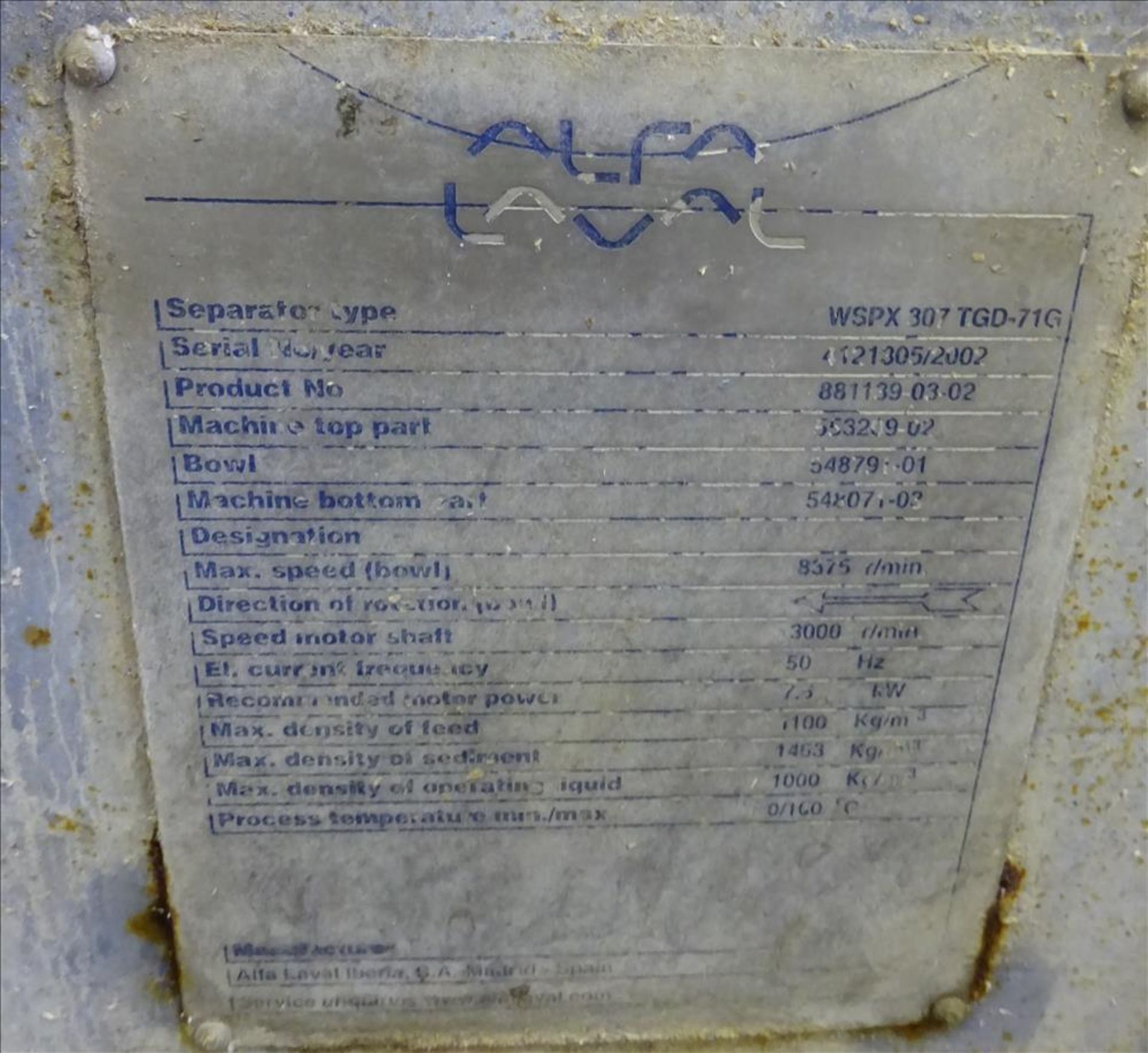 Alfa Laval WSPX-307-71G Desludger Disc Centrifuge - Image 12 of 13
