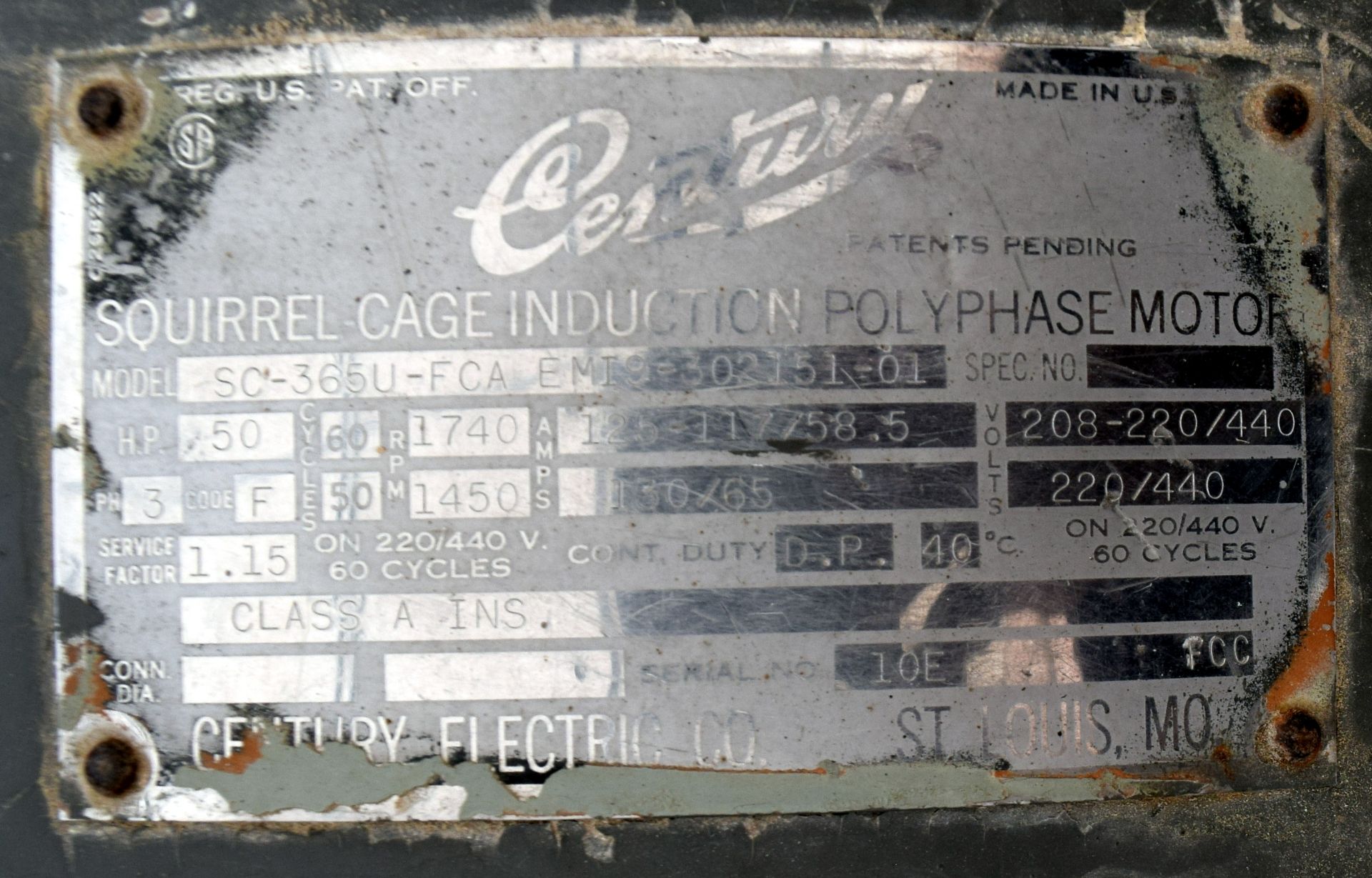 Century Electric Squirrel Cage Induction Polyphase 50hp Motor - Image 3 of 3