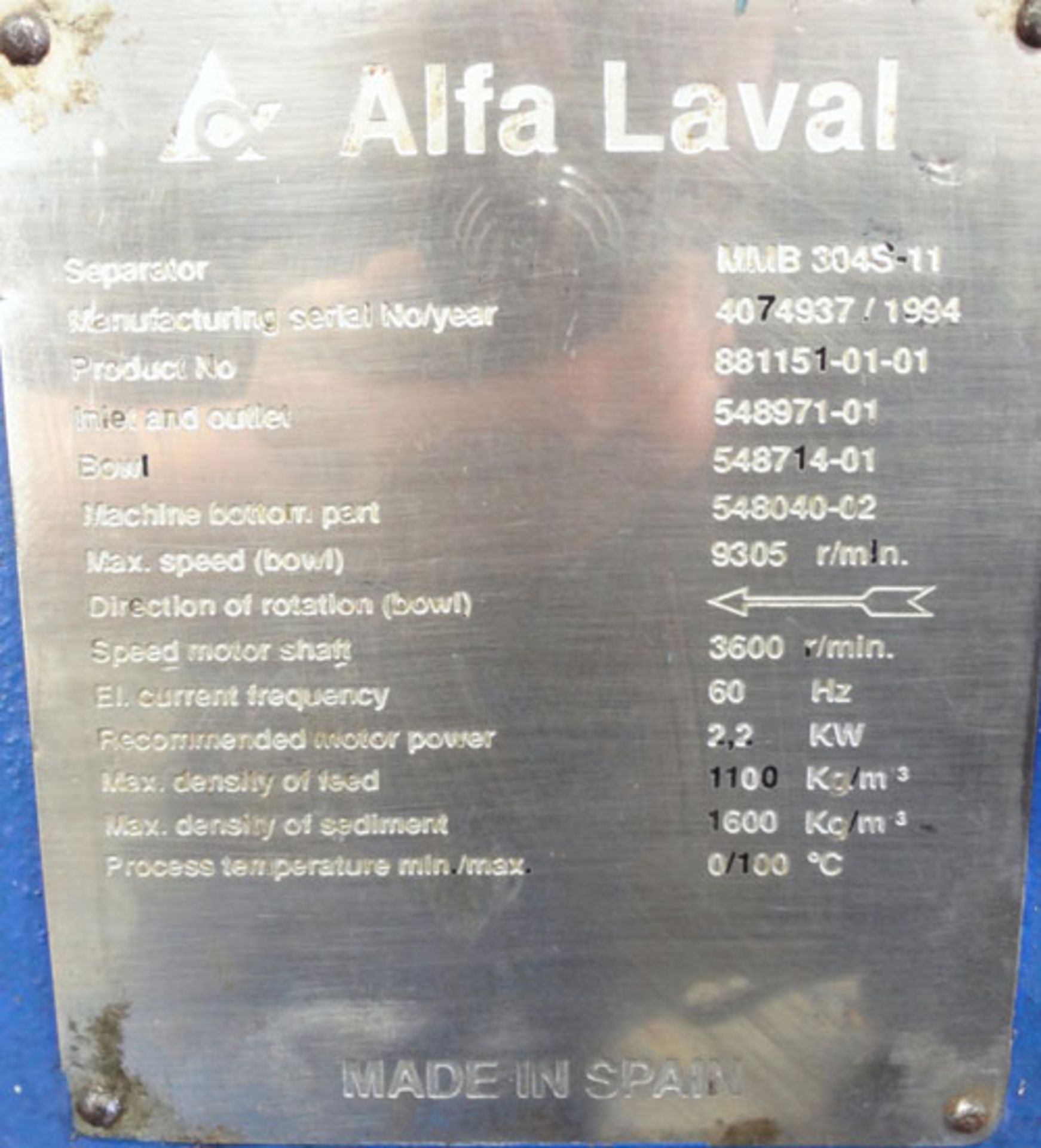 Alfa Laval MMB 304S-11 Solid Bowl Disc Centrifuge - Image 16 of 16