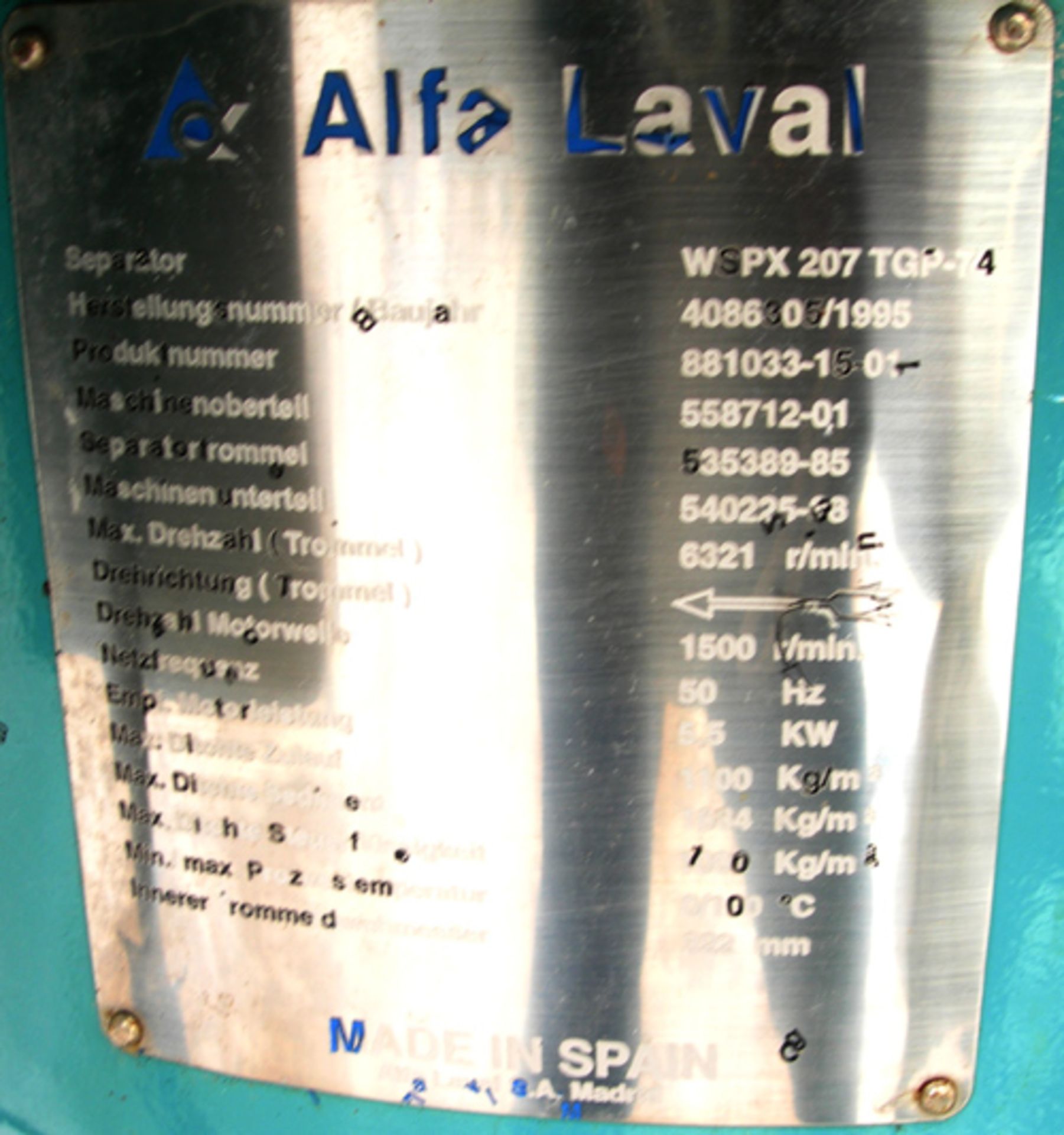 Alfa Laval WSPX-207-TGP-74 Desludger Disc Centrifuge - Bild 2 aus 5