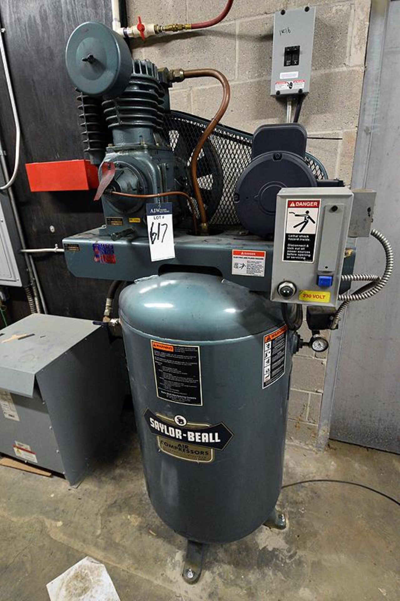 Saylor-Beall model VT-735-80 air compressor w/ 5 H.P. motor w/ vertical tank