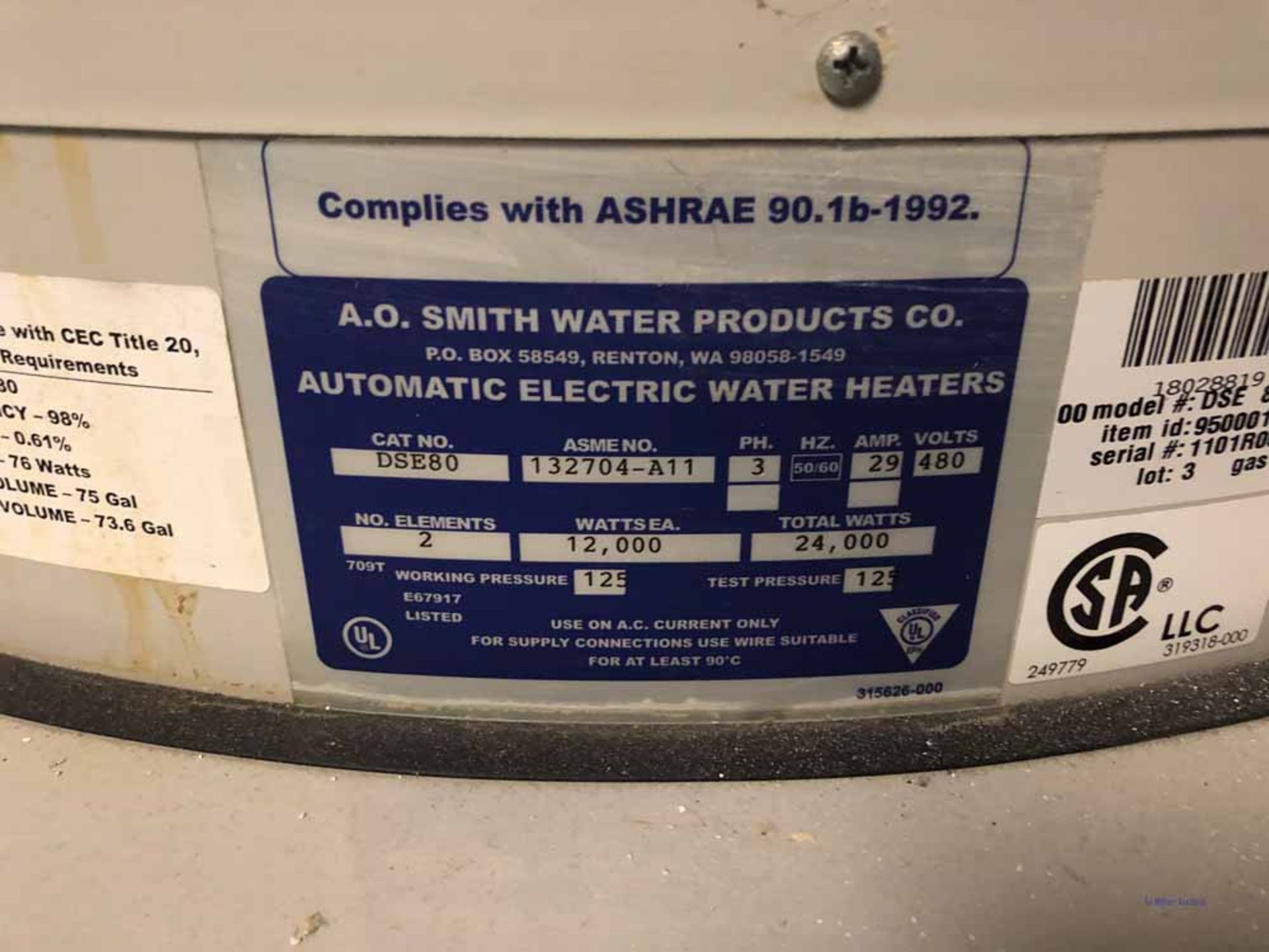 AO Smith DSE 80 12 KW Dura-Power Commercial Electric Water Heater - Image 3 of 3