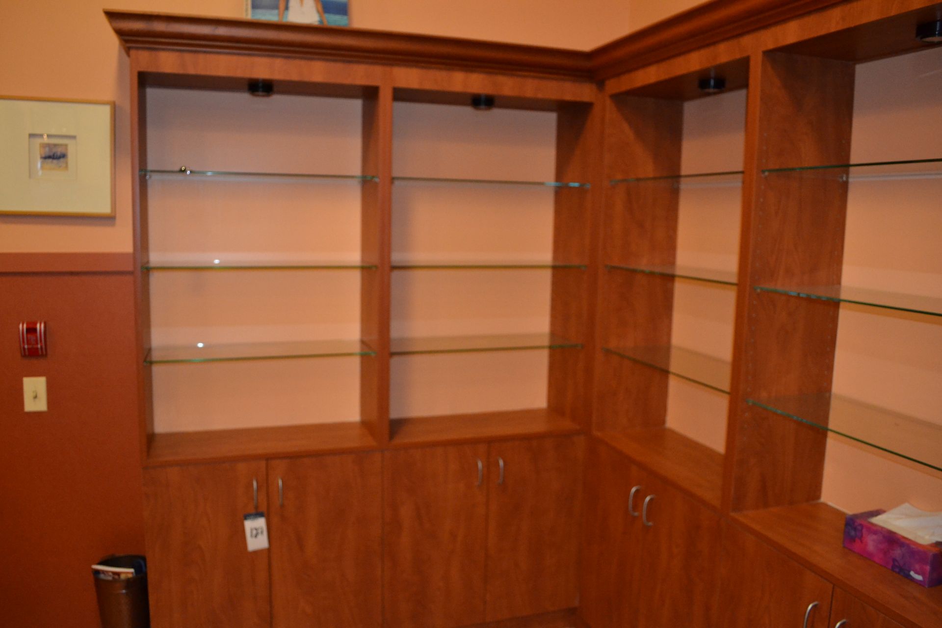 Cherry Formica Corner Shelving w/ Bottom Cabinets - Image 2 of 6