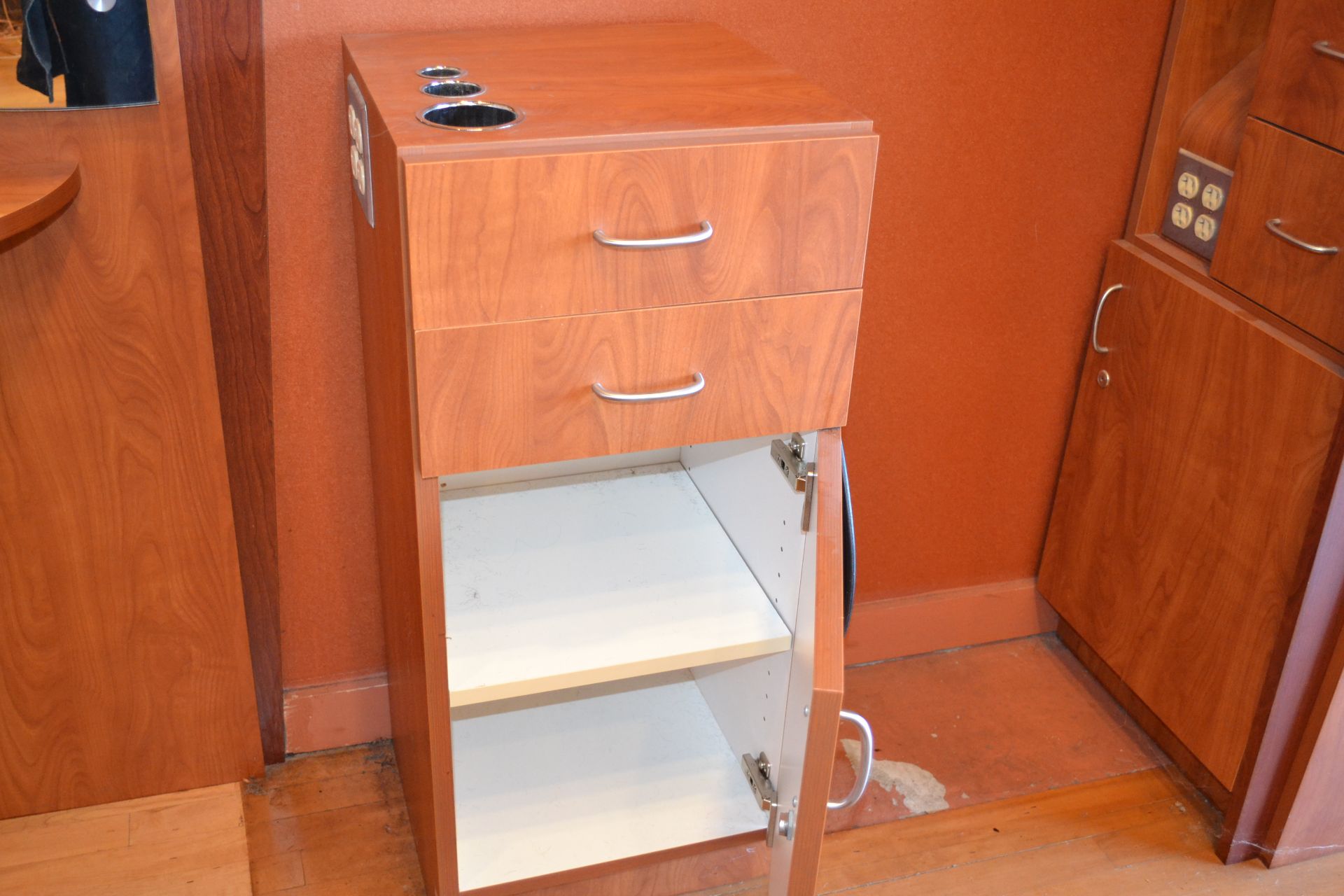 Cherry Formica Styling Station w/ Mirror Display & 1 (15-1/2") Side Cabinet - Image 5 of 7
