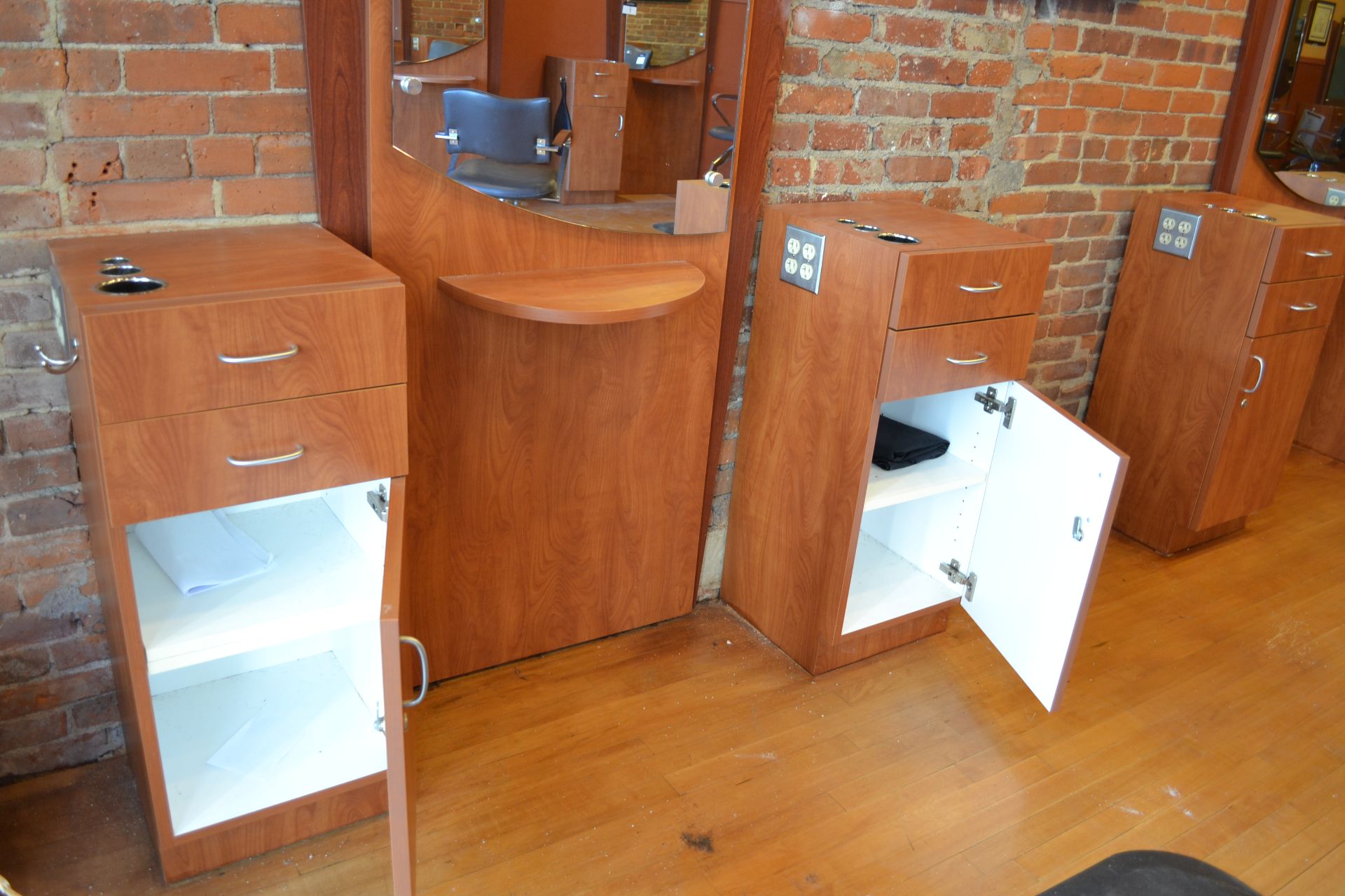 Cherry Formica Styling Station w/ Mirror Display & 2 (15-1/2") Side Cabinet - Image 4 of 5