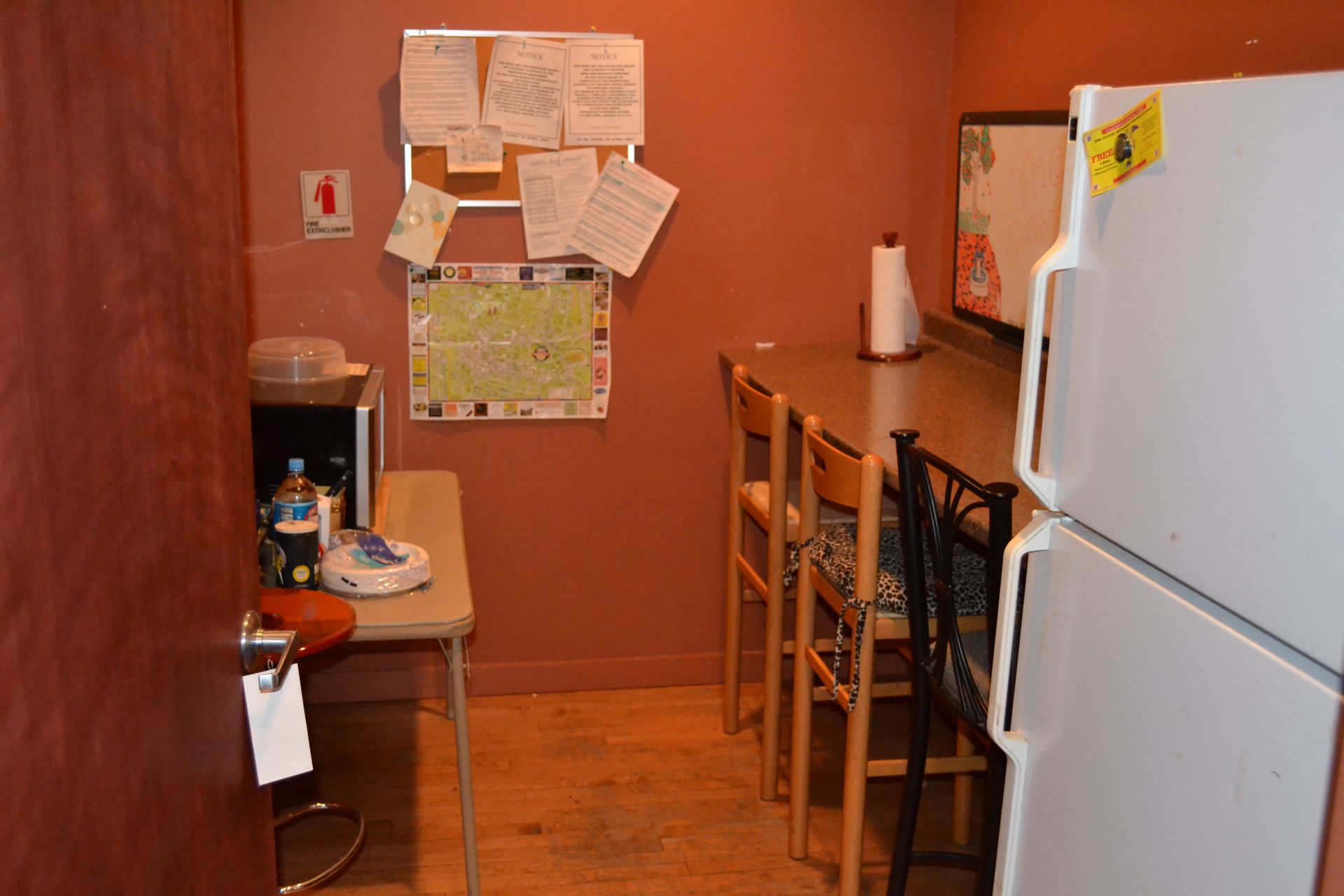 Contents of Breakroom: Fridge, Countertop, Table, Chairs & microwave