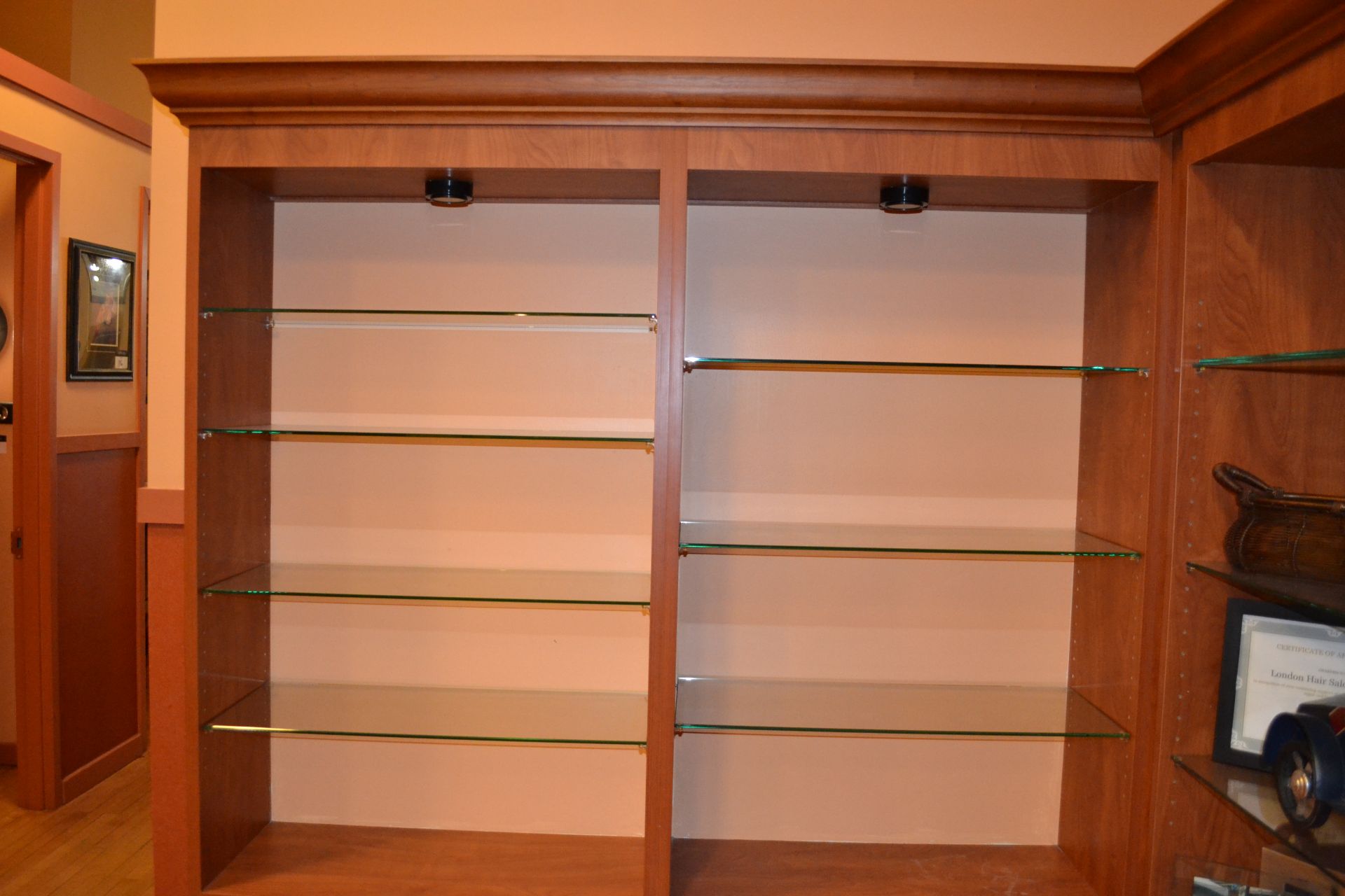 Cherry Formica Corner Shelving w/ Bottom Cabinets - Image 5 of 6