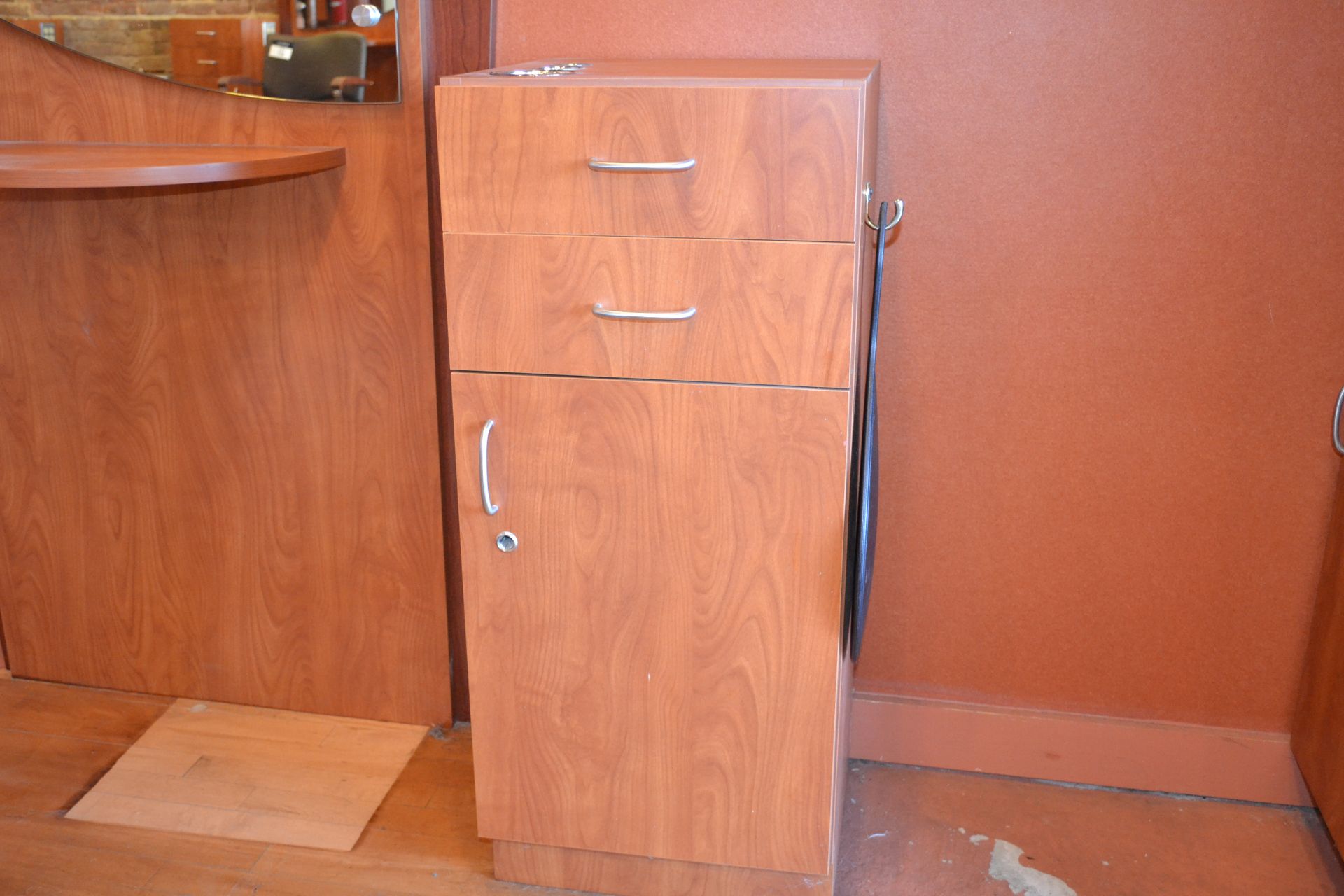 Cherry Formica Styling Station w/ Mirror Display & 1 (15-1/2") Side Cabinet - Image 2 of 7