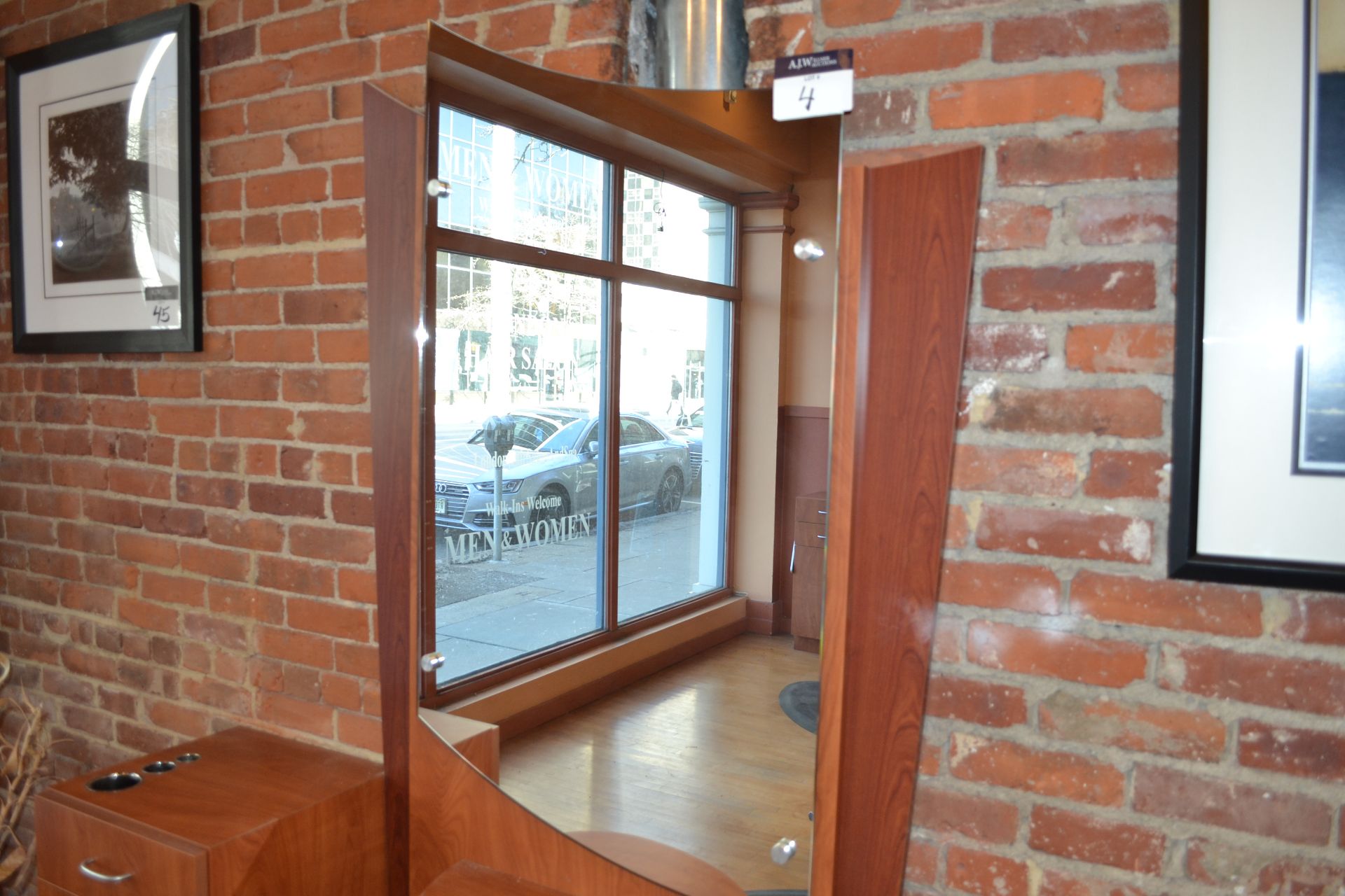 Cherry Formica Styling Station w/ Mirror Display & 2 (15-1/2") Side Cabinet - Image 2 of 5