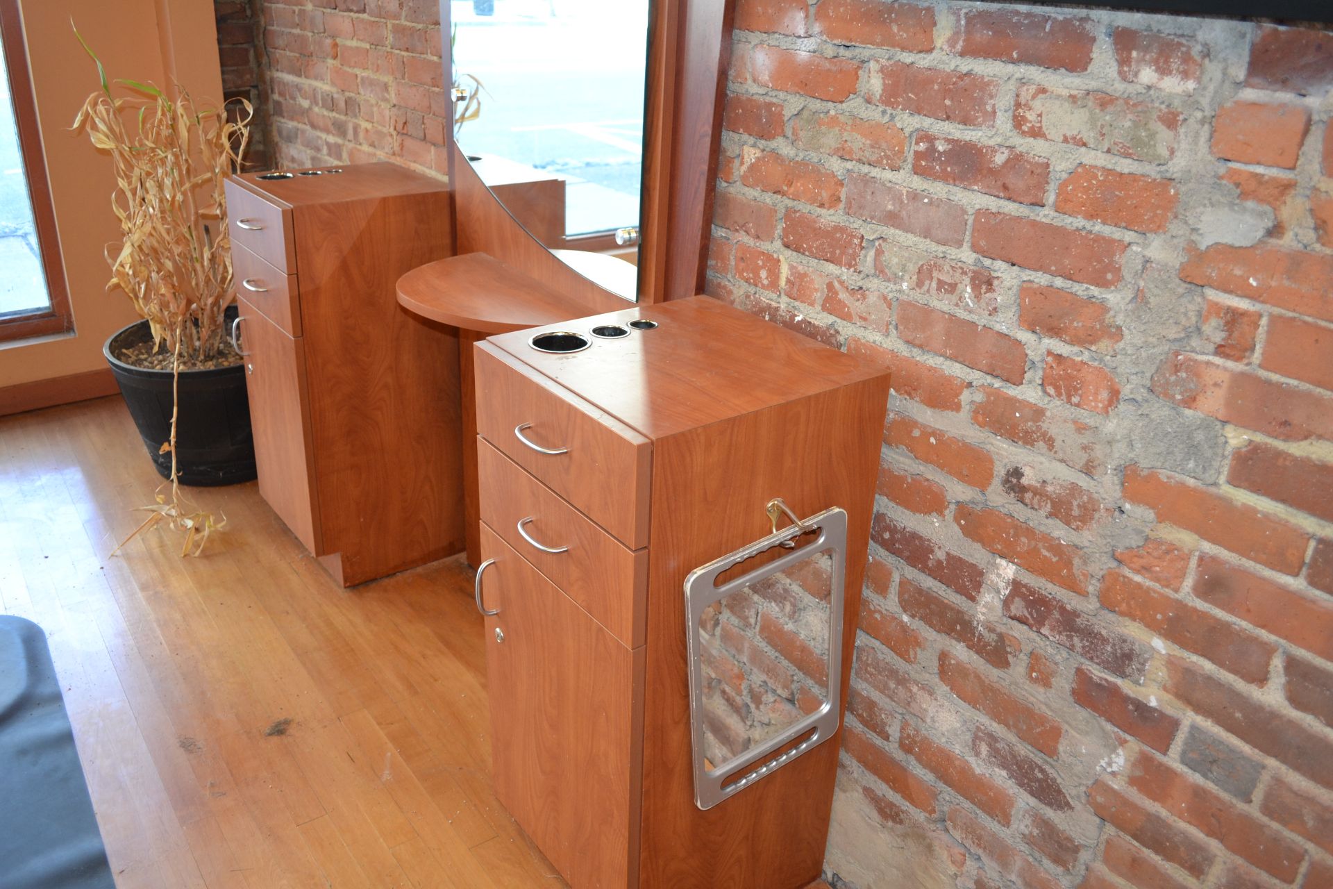 Cherry Formica Styling Station w/ Mirror Display & 2 (15-1/2") Side Cabinet - Image 3 of 5