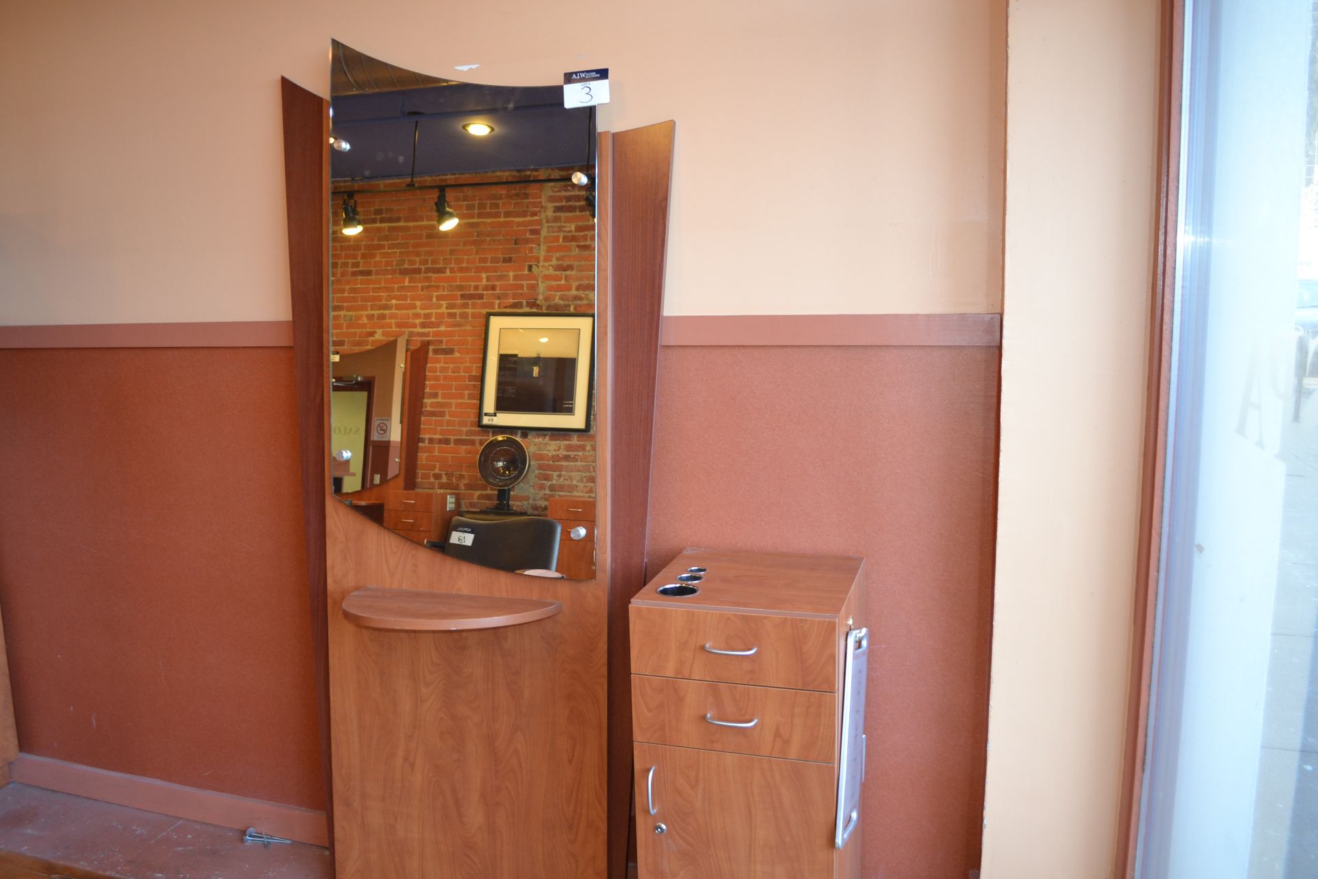 Cherry Formica Styling Station w/ Mirror Display & 1 (15-1/2") Side Cabinet