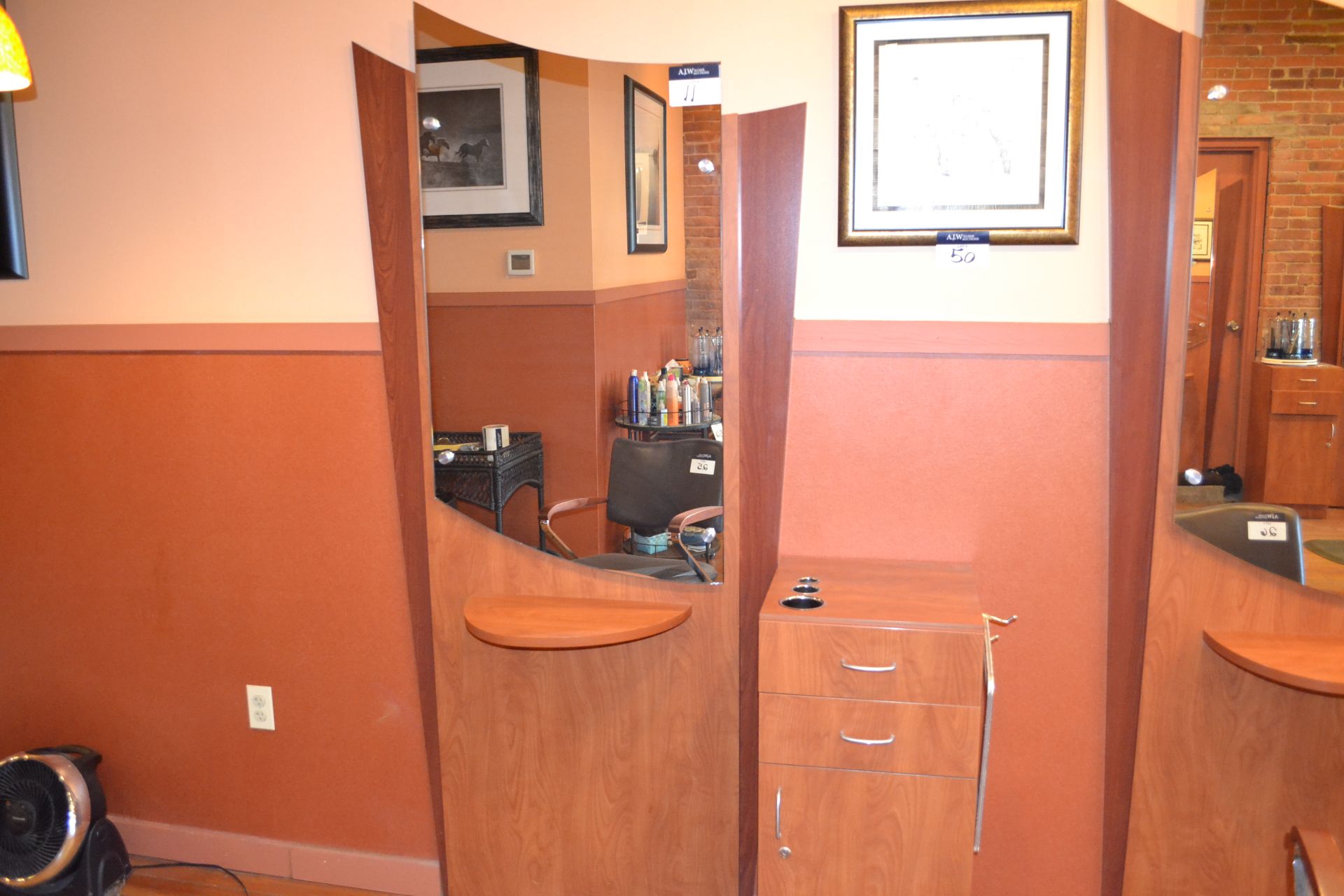 Cherry Formica Styling Station w/ Mirror Display & 1 (15-1/2") Side Cabinet - Image 2 of 5