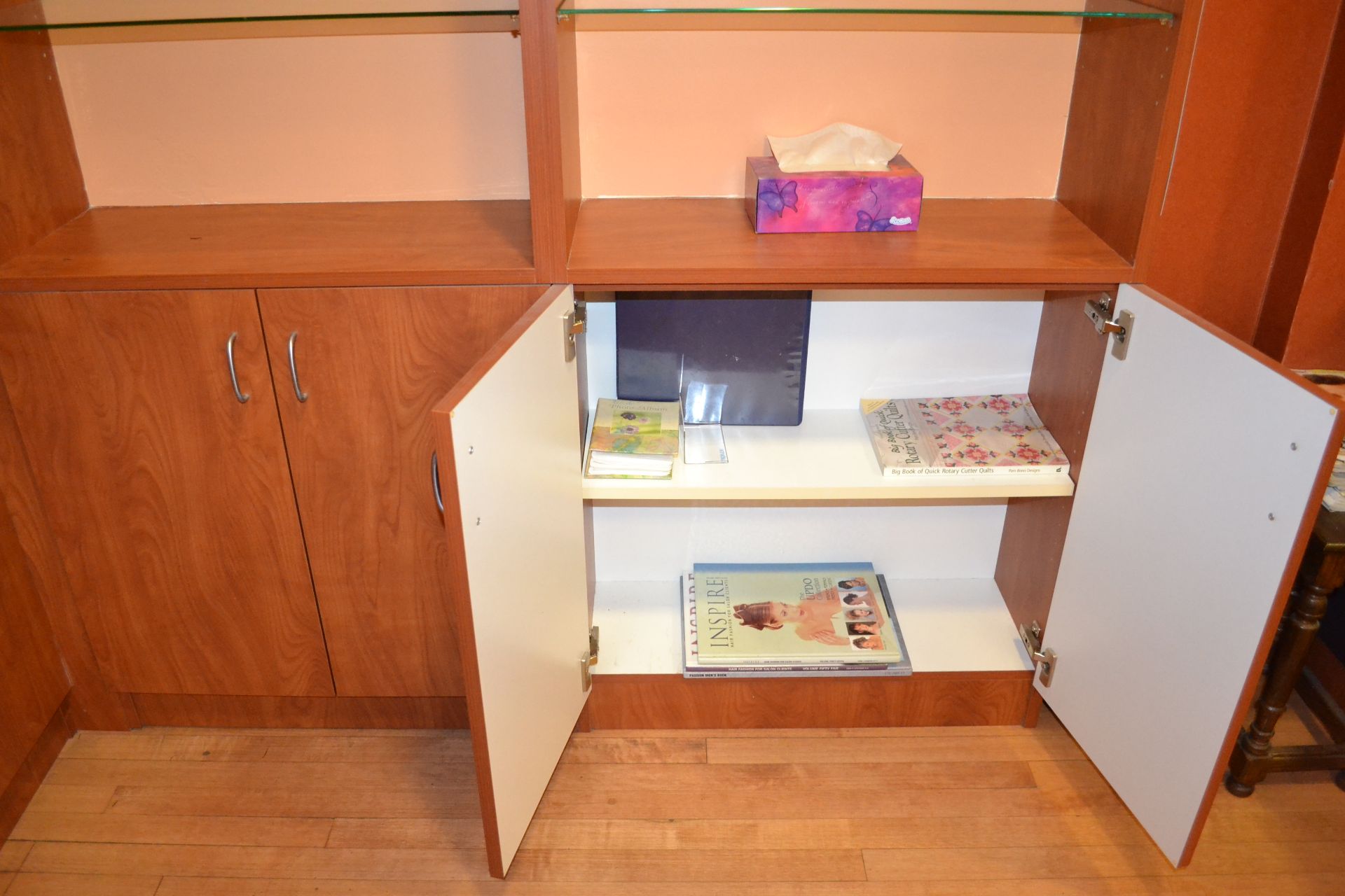 Cherry Formica Corner Shelving w/ Bottom Cabinets - Image 5 of 6