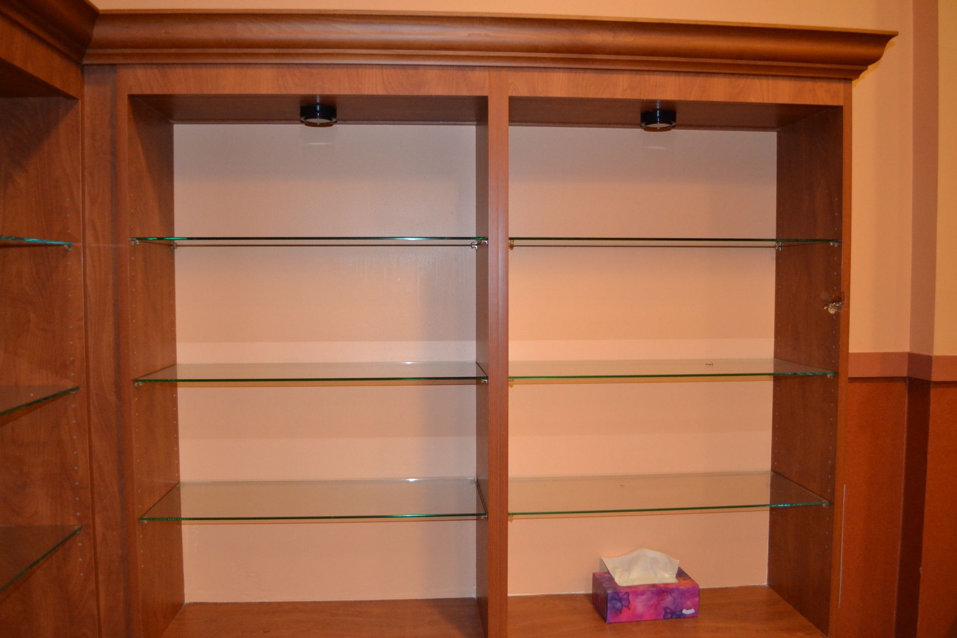 Cherry Formica Corner Shelving w/ Bottom Cabinets - Image 4 of 6