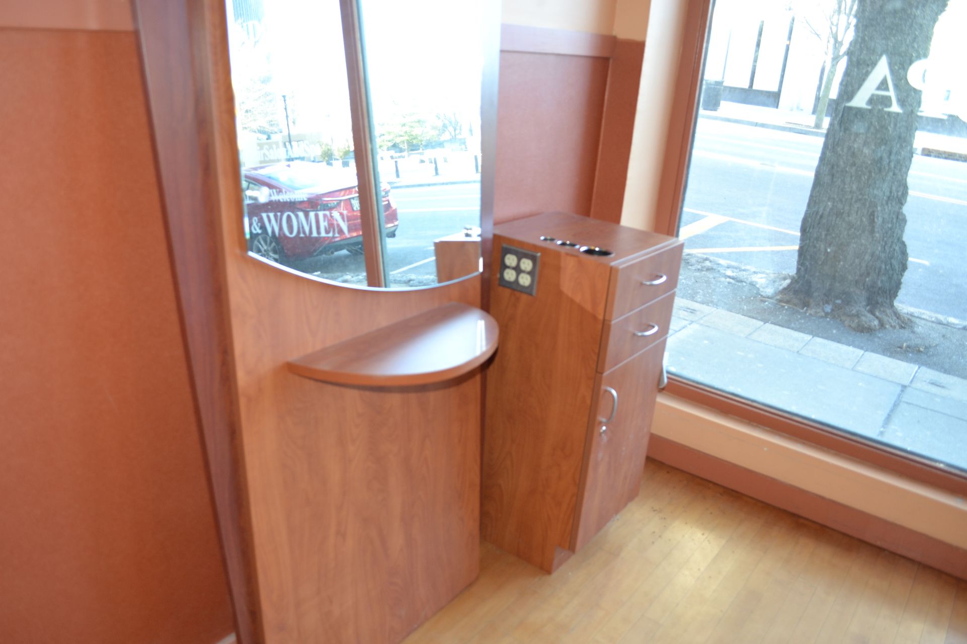 Cherry Formica Styling Station w/ Mirror Display & 1 (15-1/2") Side Cabinet - Image 4 of 4