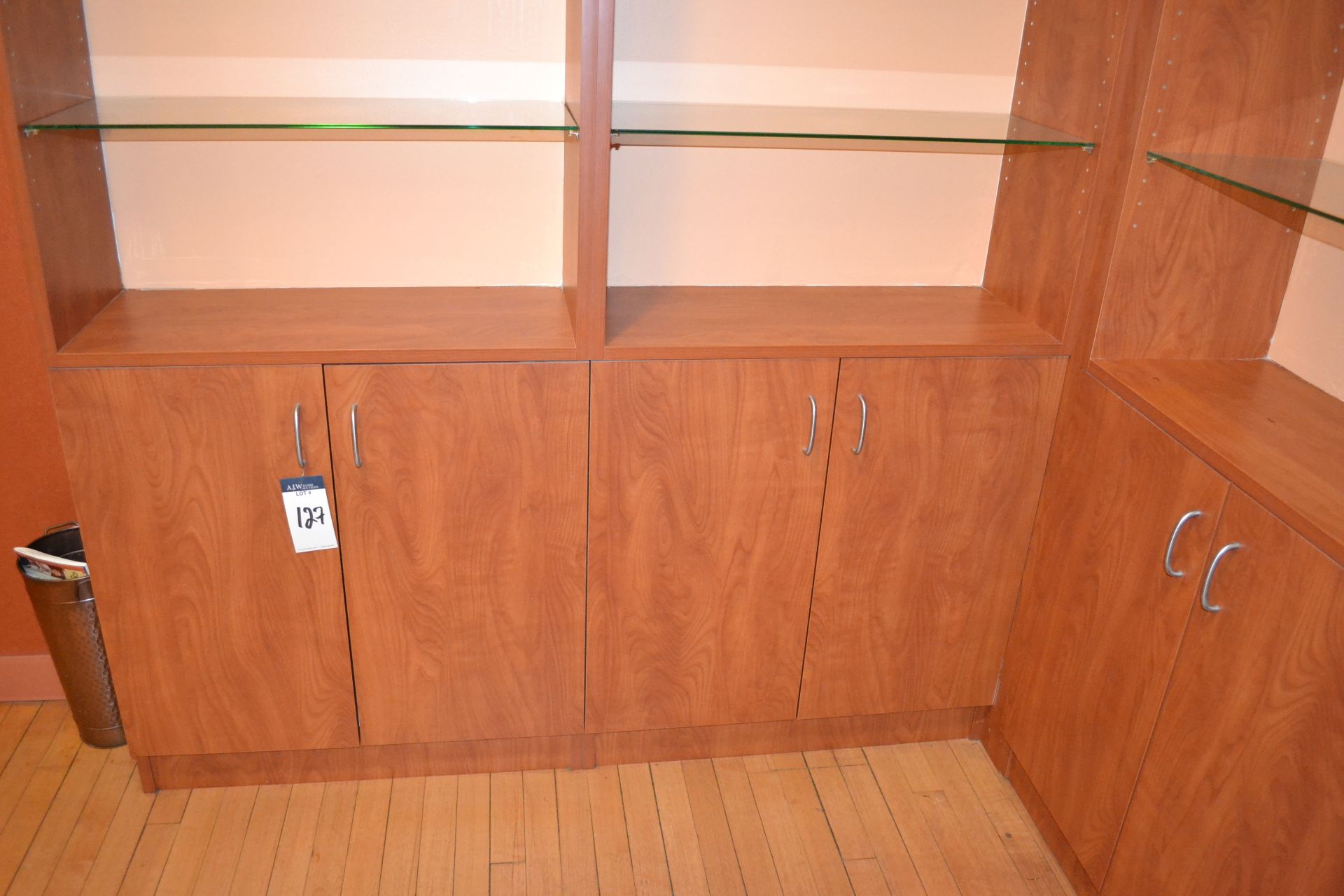 Cherry Formica Corner Shelving w/ Bottom Cabinets - Image 3 of 6