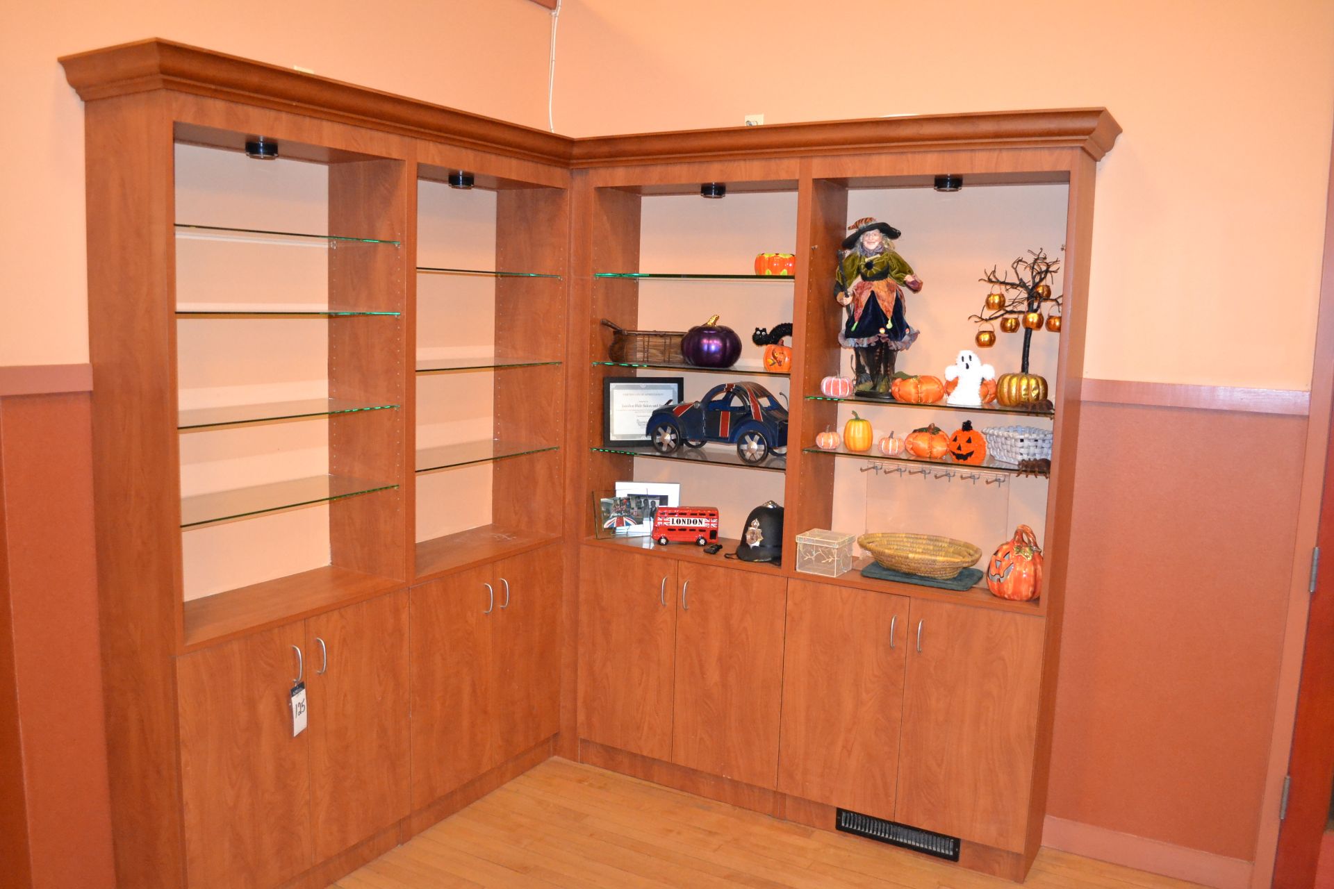 Cherry Formica Corner Shelving w/ Bottom Cabinets