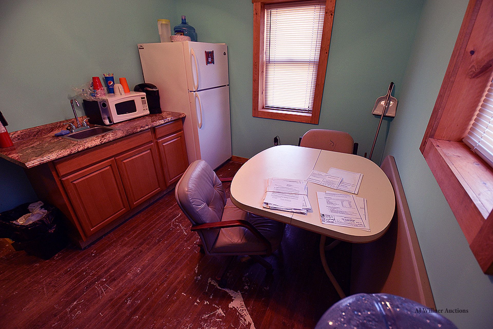 Contents of Room- Formica Table, Chairs, Water Cooler, Microwave Oven, Refri. and 3 Drawer Cabinet