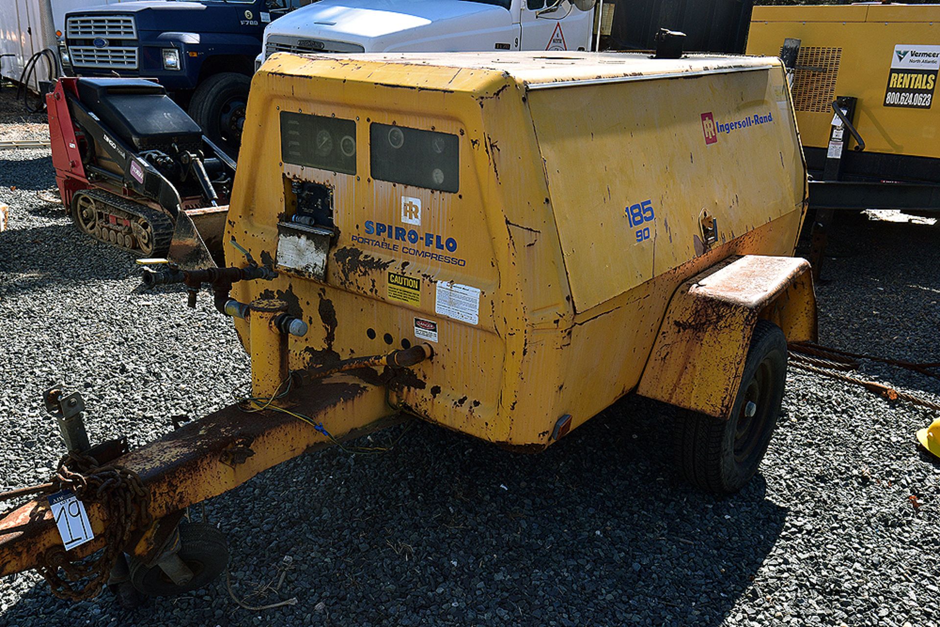 Ingersoll Rand Model P-185-W-JD Spiro Flo Single Axle Port. Compressor S/N 11228-U79-932. 964 Hours