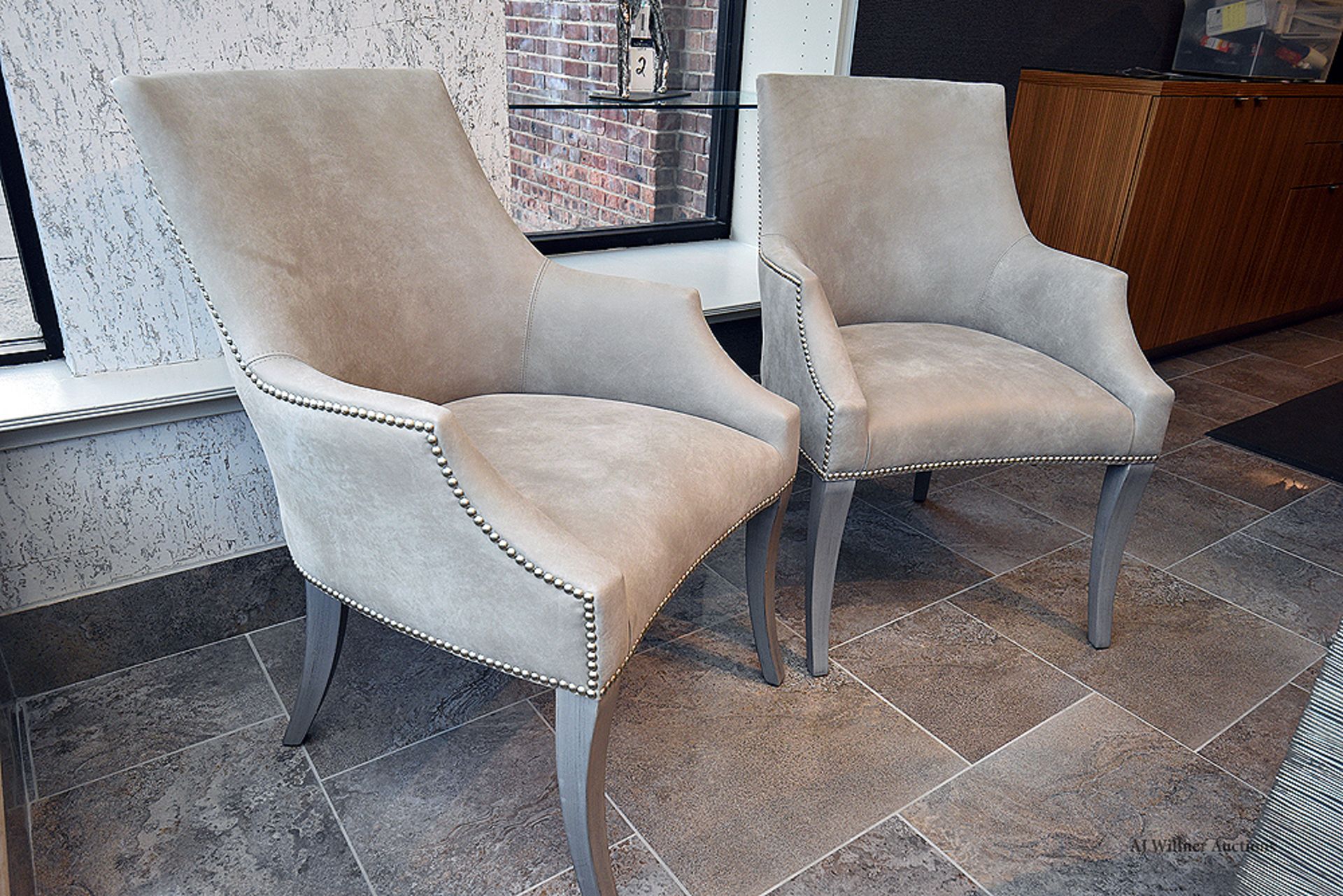 (2) Bernhardt Grey Nu Buck & Tack Upholstered Arm Chair