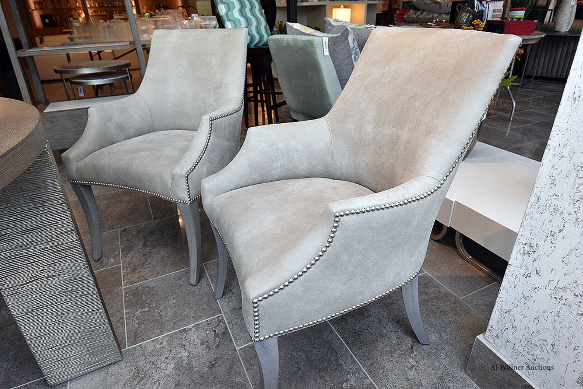 (2) Bernhardt Grey Nu Buck & Tack Upholstered Arm Chair
