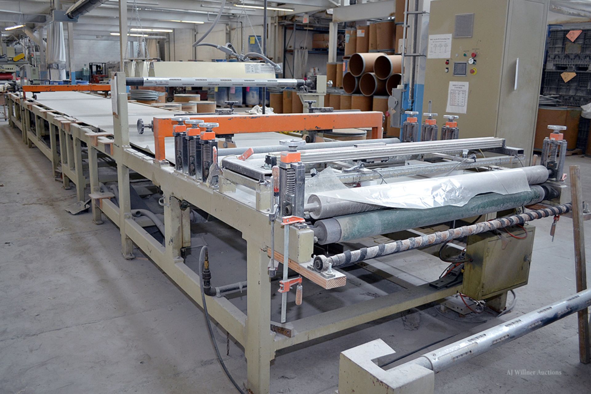 Motorized Belt Conveyer Extrusion Table, 45' w/ (4) 62" Power Belt Conveyers, Rollers etc.