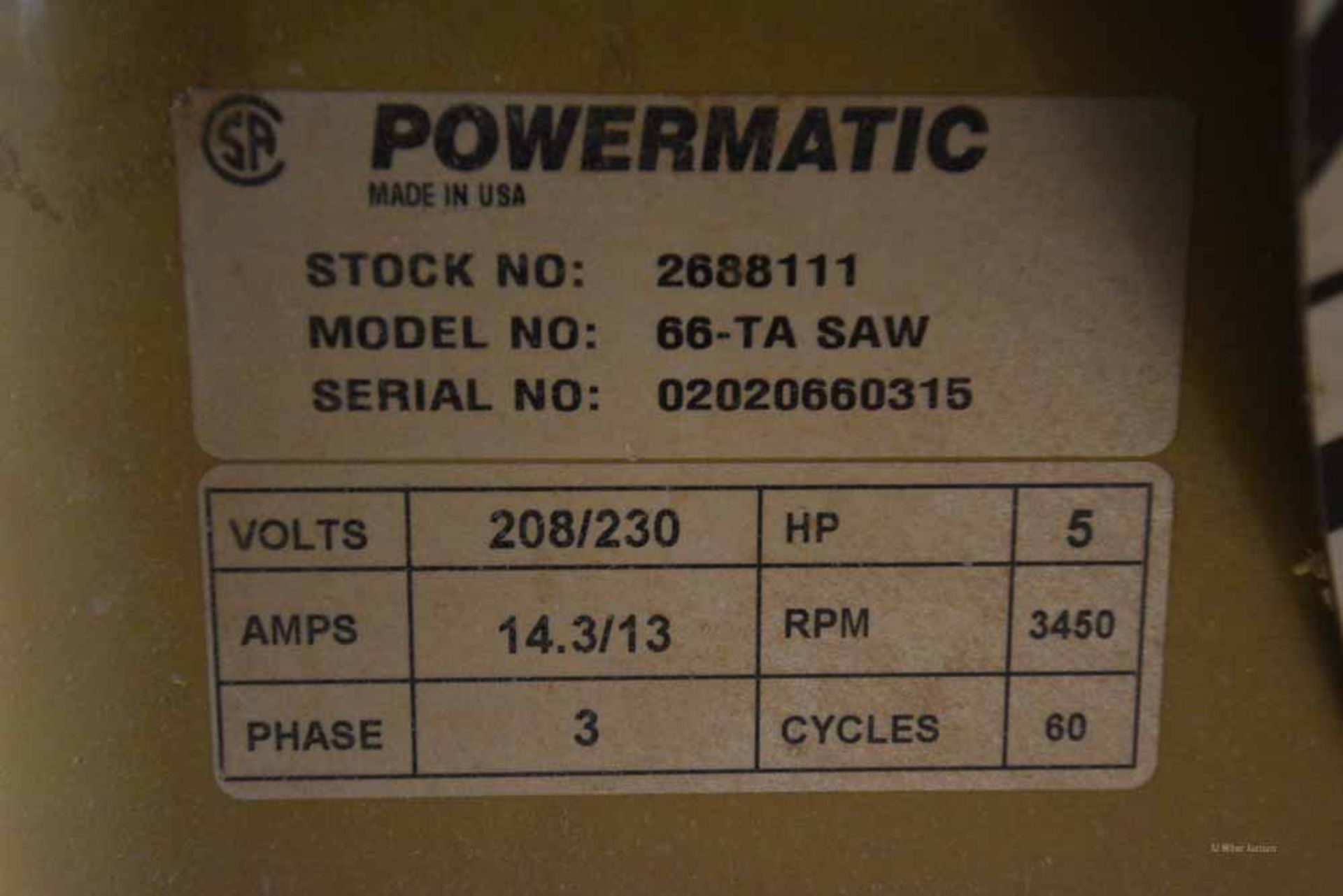 PowerMatic 5 HP Saw Table Model:66-TA Saw 208/230v - Image 4 of 4