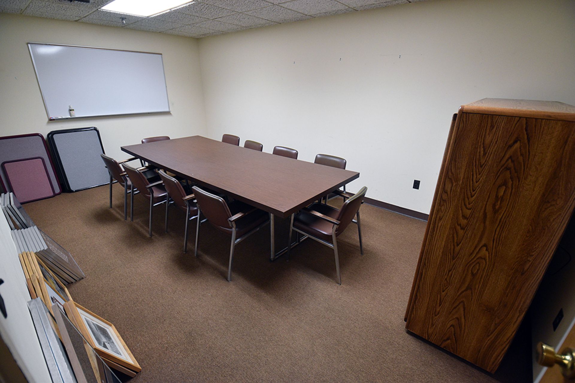 10' Conference Table w/ (10) Leather Upholstered Arm Chairs, Whiteboard, and AV Console