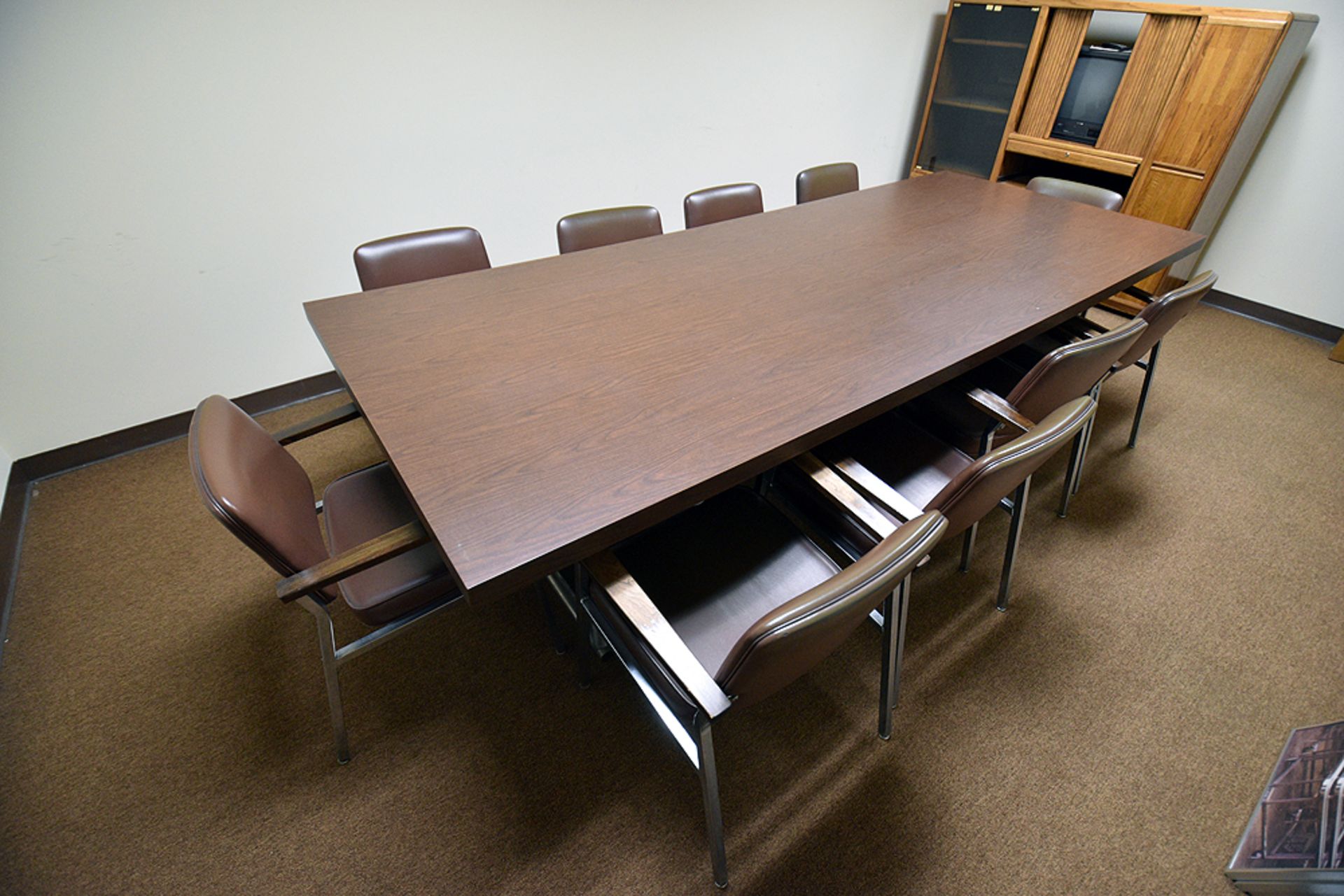 10' Conference Table w/ (10) Leather Upholstered Arm Chairs, Whiteboard, and AV Console - Image 2 of 3