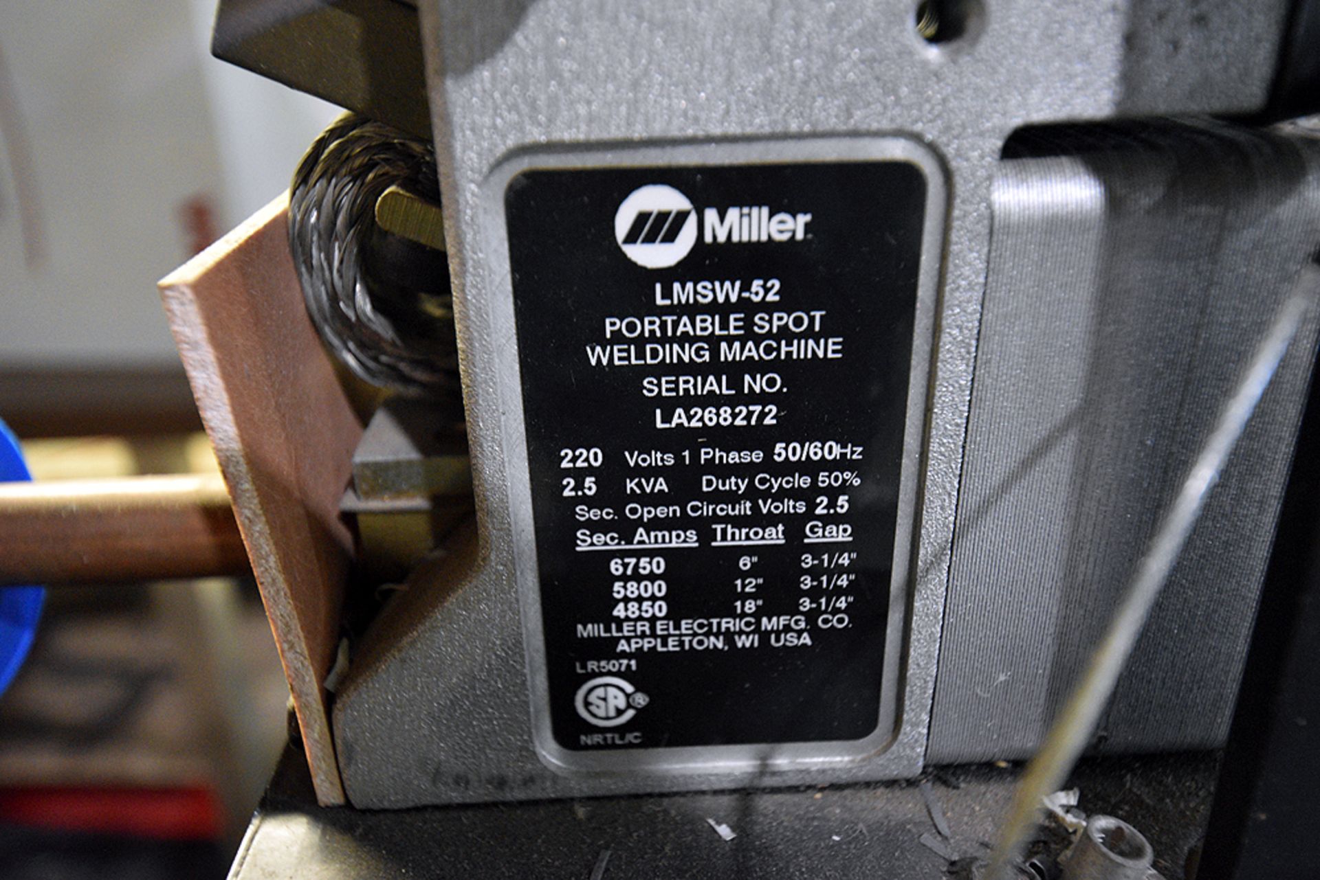 Miller model LMSW-52 portable spot welding machine, s/n LA268272, 6” throat - Image 3 of 3